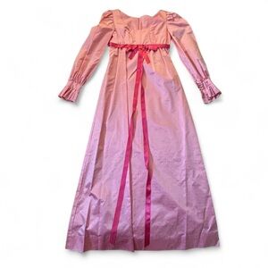 🎃 Vintage 1960s Pink Jacquard Satin Empire Waist Dress w/ Ribbon
